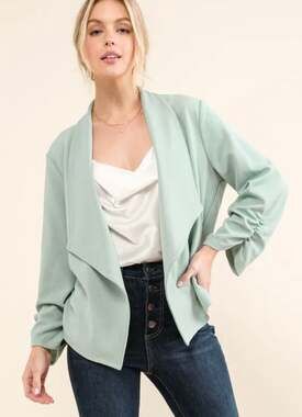 ANDTHEWHY Blue Open Front Ruched Sleeve Waterfall Cardigan Jacket
